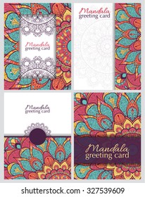 Set of cards or invitations with mandala. Hand-drawn highly detailed round elements. Vector vintage decorative elements. Islam, Arabic, Indian, Turkish, Ottoman, Pakistan motifs.