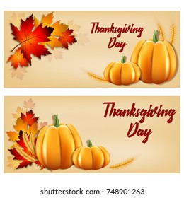 A set of cards or invitations for Thanksgiving. Vector illustration with pumpkins realistic ears of wheat maple yellow leaves