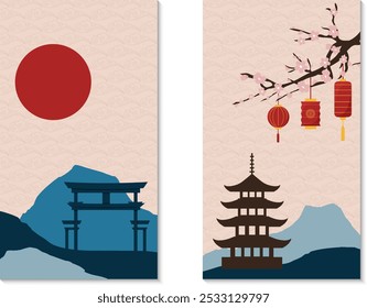 Conjunto de cartas com paisagem japonesa. Portão ritual e pagode. Paisagem de montanha e sol vermelho. Fundo texturizado. Ilustração vetorial. Lanternas no fundo da sakura.