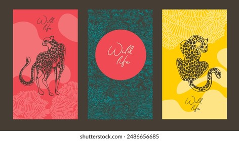 Set of cards for jungle animals and life, can be used for travel organization, hand drawn vector illustration