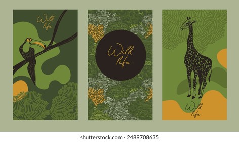 Set of cards for jungle animals and life, can be used for travel organization, hand drawn vector illustration
