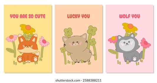 Set cards with kawaii animals. Cartoon fox, wolf and boar with flowers. Cute minimalistic postcards, posters, banners. Vector illustration