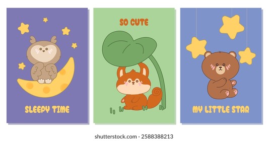 Set cards with kawaii animals. Cartoon bear, owl and squirrel with stars, moon, plants. Cute minimalistic postcards, posters, banners. Vector illustration