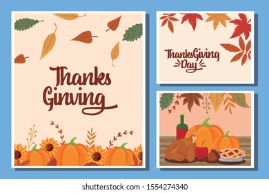 set of cards with label happy thanksgiving vector illustration design