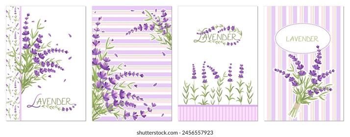 Juego de cartas con flores de lavanda. Provenza. Ilustración vectorial aislada sobre fondo blanco. Para póster, tarjeta, scrapbooking, pegatinas