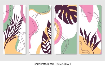A set of cards with leaves and colored spots. Vector illustration. For packaging, covers, brochures, cards and invitations.
