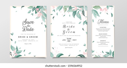 Set Of Cards With Leaves. Greenery Wedding Invitation Card Template Set With Floral Frame. Elegant Leaves Fall Illustration For Save The Date, Invitation, Greeting Card, Poster Vector