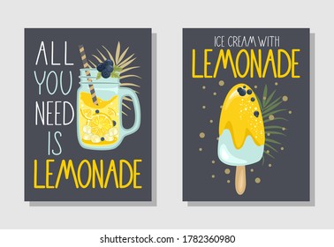 Set of cards "Lemonade" with fresh Lemon, Leaves and flowers. Vector illustration.
Printing on fabric, paper, postcards, invitations.
