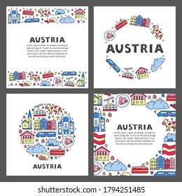 Set of cards with lettering and doodle colored Austria icons including Vienna Cathedral, train, chalet house, church, Alpine mountains, cow, flag, schnitzel, strudel, etc isolated on white background.