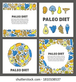 Set of cards with lettering and doodle colored paleo foods including fish, meat, vegetables, eggs, oil, nuts, berries and text isolated on grey background.