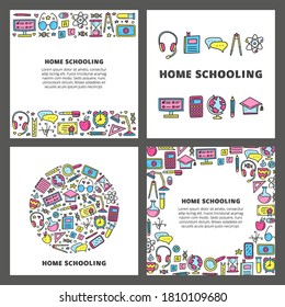 Set of cards with lettering and doodle colored education, e-learning icons including computer, phone, ruler, globe, divider, lamp, headphones, calculator, hourglass, etc isolated on grey background.
