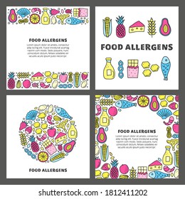 Set of cards with lettering and doodle colored food allergens icons including fish, seafoods, cheese, milk, wheat, mushrooms, honey, chocolate, fruits isolated on white background. Space for text.