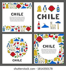 Set of cards with lettering and doodle colored Chile icons including Easter island statue, Villarrica volcano, araucaria tree, empanadas, penguin, poncho, alpaca isolated on grey background.