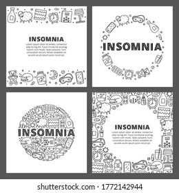 Set of cards with lettering and doodle outline insomnia and bed time icons including pillow, clock, sheep, moon, pills, book, smartphone, cat, sleep mask, teddy bear, etc isolated on grey background.
