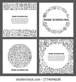 Set of cards with lettering and doodle outline education, e-learning icons including computer, phone, ruler, globe, divider, lamp, headphones, calculator, hourglass, book, etc isolated on grey backgro