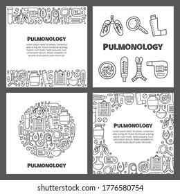 Set of cards with lettering and doodle outline pulmonology items, including lungs, trachea, spirometer, loupe, bacteria, pulse oximeter, pick flow meter, pocket inhaler isolated on white background.