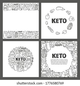 Set of cards with lettering and doodle outline foods for ketogenic diet including cheese, meat, salmon, avocado, eggs, butter, bacon, macadamia, raspberries. Low carbs, high fats diet.