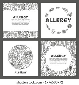 Set of cards with lettering and doodle outline allergy icons including skin rash, runny eye, mask, cat, honey bee, microscope, dnk, pipette bottle, syringe, etc isolated on grey background.