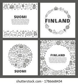 Set of cards with lettering and doodle outline finland icons including Helsinki Cathedral, deer, lake, cloudberry, Olaf's castle, pastry, meatballs, fish, bear, flag, etc isolated on white background.