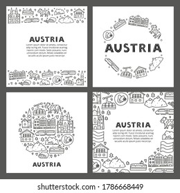 Set of cards with lettering and doodle outline Austria icons including Vienna Cathedral, train, chalet house, church, Alpine mountains, cow, flag, schnitzel, strudel, etc isolated on white background.