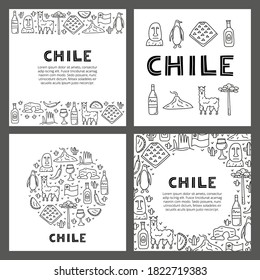 Set of cards with lettering and doodle outline Chile icons including Easter island statue, Villarrica volcano, araucaria tree, empanadas, penguin, poncho, alpaca isolated on grey background.