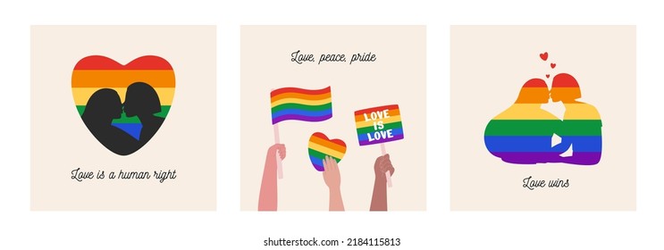 Set of cards for LGBT Pride Month. Social media posts with phrases and quotes. A heart with rainbow flag colors and lesbian kiss silhouett, hands keeping LGBT signs, rainbow silhouett of LGBT couple.