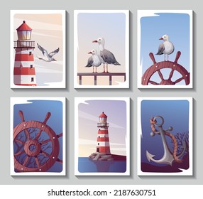 Set of cards with Lighthouse, Ship's steering wheel, anchor, seagulls. Maritime, sea coast, marine life, nautical concept. Vector illustration. Postacard, cover, card.