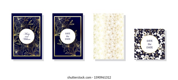 Set of cards with lily flowers, leaves. Wedding navy blue and gold concept. Vector illustration eps10. 