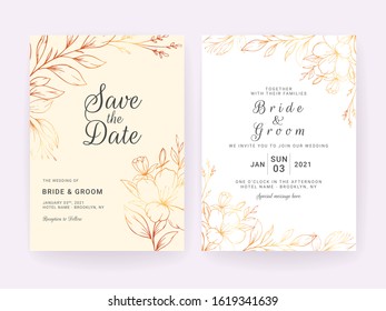 Set of cards with line art floral decoration. Wedding invitation template design of luxury gold flowers and leaves. Floral illustration decoration for save the date, event, cover, poster vector