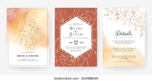 Set of cards with line art floral. Wedding invitation template design of luxury gold flowers and leaves with watercolor background. Botanic illustration decoration for save the date, event, cover, etc