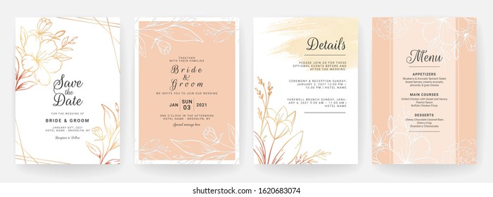 Set of cards with line art floral decoration. White and brown wedding invitation template design of luxury gold leaves. Botanic illustration for save the date, event, cover, poster vector