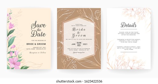 Set of cards with line art floral decoration. Wedding invitation template design of luxury gold tropical leaves and watercolor background. Botanic illustration for save the date, event, cover, vector