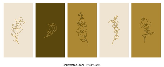 Set of cards with linear leaves. Floristic pattern. Minimalism mallow