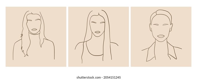 Set cards with linear portrait of woman. Hand drawn outline sketch. Minimalism style. Beauty and simple. Female silhouette. 
