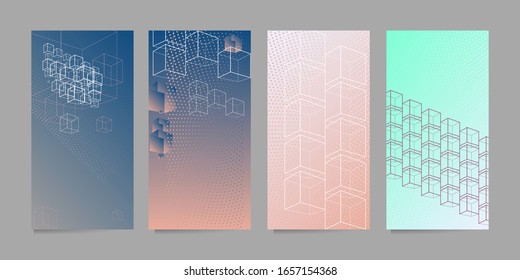 Set cards lines cubes modern geometric abstract background covers. Trendy gradient composition, vector covers design
