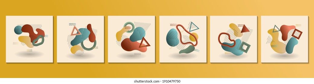 Juego de tarjetas con puntos de color líquido con elementos geométricos. Antecedentes para impresión, promoción, redes sociales. Ilustración del vector