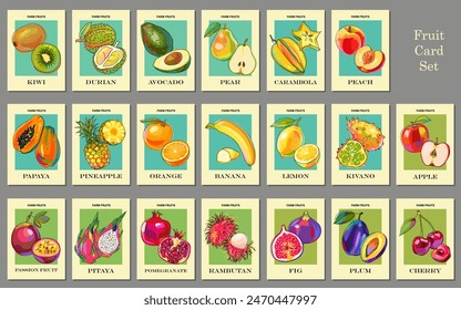 Juego de cartas con frutas locales y exóticas. Plantillas brillantes para postales, arte en la pared, carteles, Anuncio, fondo, etiquetas, cubiertas, etiquetas de Precio, embalaje. Caricatura. Ilustración vectorial.