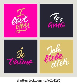 Set of cards with love confession in English, Spanish, French and German: I love you, Te amo, Je t'aime, Ich liebe dich