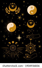 A set of cards with magical and astrological symbols. Mystical signs, silhouettes, esoteric aesthetics. Vector flat illustration