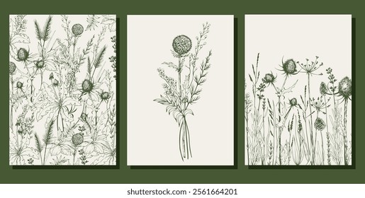 Set of cards with meadow floral arrangements. Hand drawn line art vector illustration.