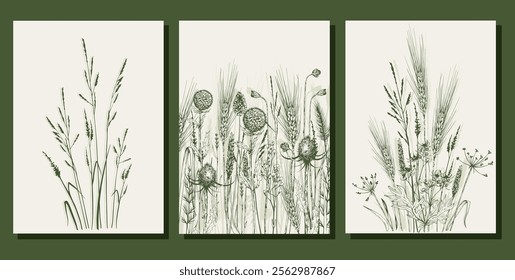 Set of cards with meadow floral arrangements. Hand drawn line art vector illustration.