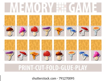 Set of cards for memory game with cartoon mushrooms. Print, cut, fold, glue, play. A4 proportion page. Album horizontal orientation. Vector.