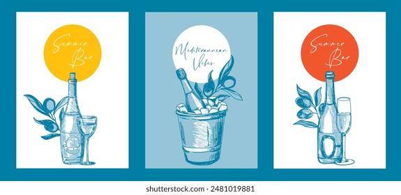Conjunto de tarjetas y tapas de menú para la barra de vino, boceto estilo Ilustración vectorial