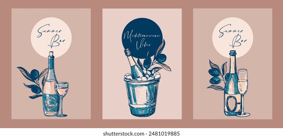 Set of cards and menu covers for wine bar, sketch style vector illustration