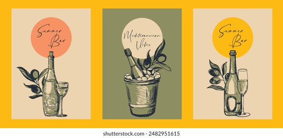 Set of cards and menu covers for wine bar, sketch style vector illustration