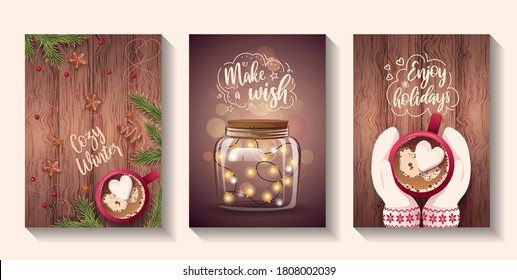 Set of cards for Merry Christmas and Happy New Year. Coffee mug on wooden background. Jar with garland inside. Hands in mittens with mug. Vector illustration for poster, banner, card, cover, postcard.