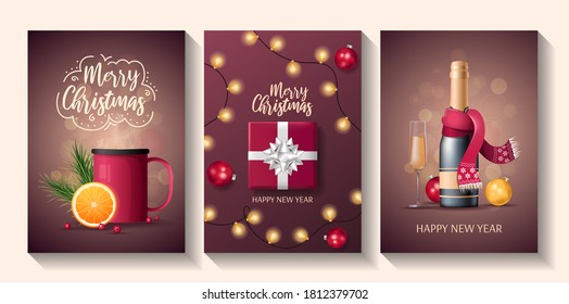 Set of cards for Merry Christmas and Happy New Year. Red cup and orange. Gift box and garlands. Champagne, glass and christmas balls. Vector illustration for poster, banner, card, cover, postcard.