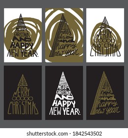 Set of  cards Merry Christmas and Happy New Year with text in triangle shape. Vector design for holiday and greeting invitations, prints, cards, posters. A5 format cards on isolated background.