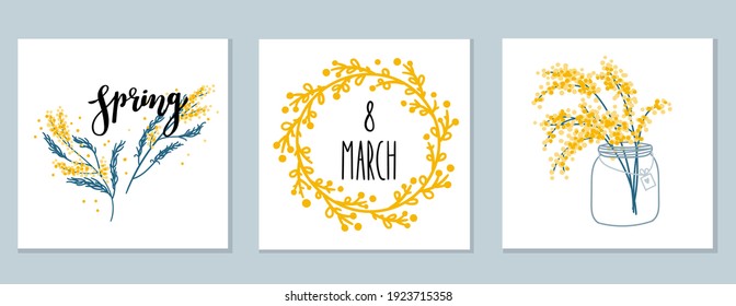 A set of cards with a mimosa. For congratulations on World Women's Day, spring cards. Cute modern design in Scandinavian style. Text spring and March 8