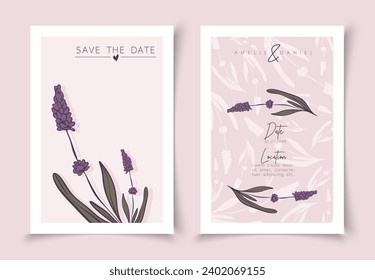Set of cards minimal hand drawn lavender branches in line art style. Botanical leaves frame template. Editable vector design card for advertising, cover, wedding invitation, poster or save the date.